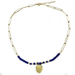 Bohemian gold stainless steel necklace with blue beads and monstera leaf pendant