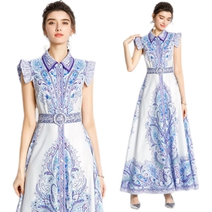 Elegant sleeveless paisley print A-line maxi dress with lapel collar and waist belt