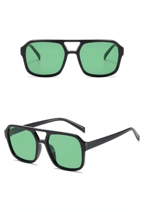Front and 45-degree angle views of vintage double-bridge square sunglasses with black frames