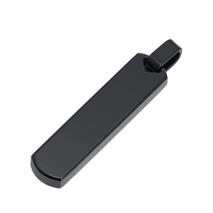 Close-up of a sleek black rectangular bar pendant with polished stainless steel finish