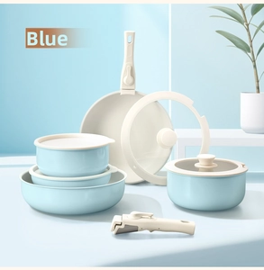 Detail of blue non-stick cookware set with a versatile detachable handle and pans