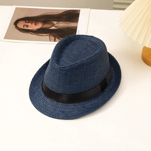 Classic navy straw fedora hat with black decorative ribbon for summer beach style