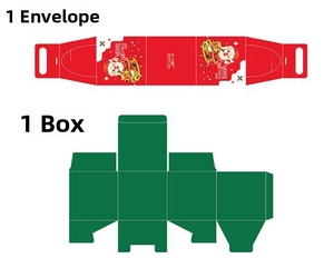 Flat lay detail of Christmas gift box components with red sleeve and green inner box