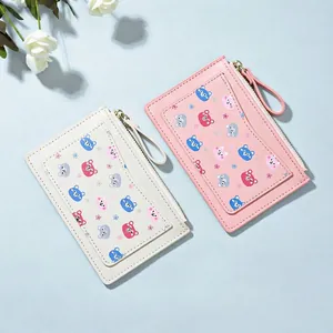 Cute Cartoon Bear Print PU Leather Card Holder Wallet With Zipper Multi Slots Wrist Strap For Women Girls Students