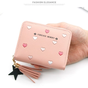Pink short wallet with heart embroidery, tassel charm and Forever Memory logo