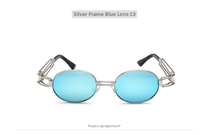 Front view of steampunk oval sunglasses with silver metal frame and blue reflective lenses
