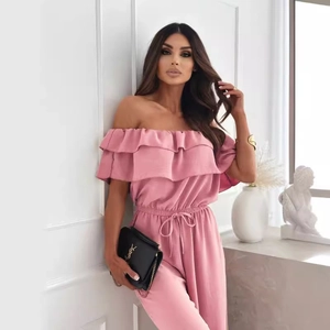 Pink off-shoulder jumpsuit with layered ruffles and adjustable drawstring waist design