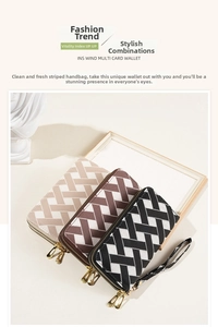 Detail of multi-layer card slots and double zippers on herringbone weave clutch purse