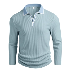 Macro detail of light blue ribbed knit fabric and polo shirt collar construction