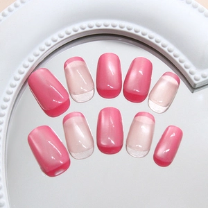 French rose cat-eye press-on nails set with vintage glossy finish on mirror base
