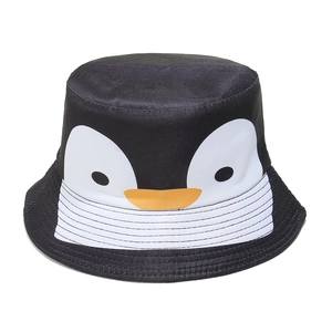 Cute black cotton bucket hat featuring a cartoon penguin face design for a stylish look