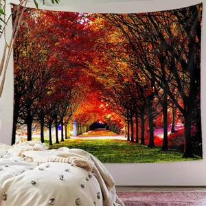 Detailed close-up of forest landscape tapestry with vibrant red autumn trees on wall