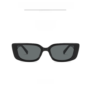 Front view of retro rectangular sunglasses with black frames and grey lenses