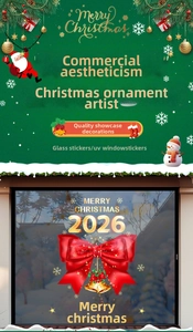 Detail of Christmas UV glass sticker with red bow, gold bells and 2026 Merry Christmas text