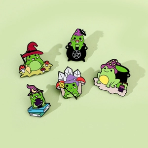 Detailed set of five cartoon wizard frog enamel pins with magic brooches for Halloween