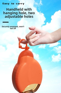 Detail of orange silicone travel bottle sleeve with hand strap and adjustment holes