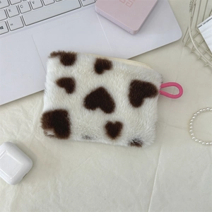 Plush heart print coin purse with white fur, brown hearts and pink zipper pull