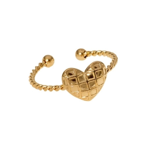 Adjustable gold heart ring with quilted pattern and twisted band on white background