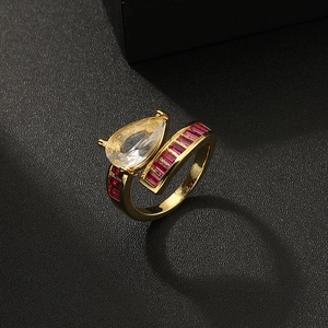 Retro adjustable gold copper ring with pear-cut clear zircon and red baguette stones