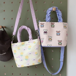 Cute canvas bucket bags with bear prints and purple pleated handles for women