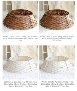 Detail view of woven Christmas tree collars in brown and white with dimensions and weight