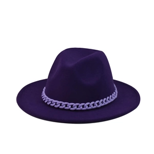 Detail of deep purple wool felt fedora with a matching woven chain decorative band
