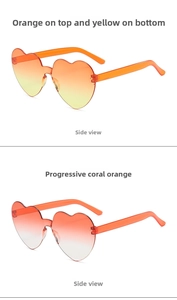 Close-up of heart-shaped rimless sunglasses in orange yellow and coral gradient lenses