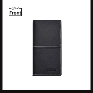 Front view of black long wallet with white contrast stitching and embossed logo
