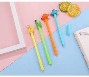 Close-up of four colorful cartoon dinosaur gel pens in yellow green orange and blue