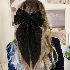 Barrette à cheveux élégante avec grand nœud à paillettes noires pour fêtes et soirées