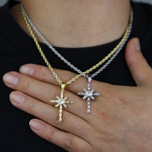 Hip hop star cross pendants with zircon stones in gold and silver finish on rope chains