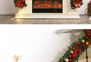Close-up of 2.7m Christmas garland with red poinsettia and gold balls on fireplace