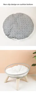 Detail of non-slip pet bed base with wooden legs and transparent bowl design