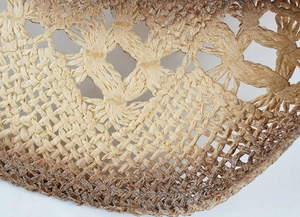 Macro detail of natural straw sun hat showing intricate hollow-out weaving and gradient tones