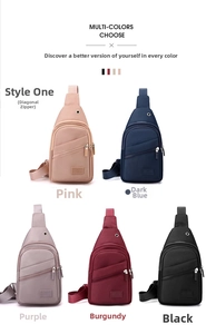 Front view of five oxford fabric crossbody chest bags in pink, navy, purple, red, and black