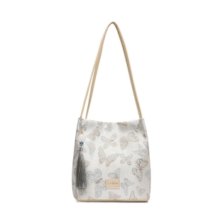 New Chinese style shoulder bag for women with blue butterfly pattern and tassel charm