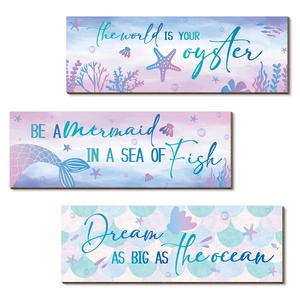 Three-piece ocean themed wooden mermaid wall art set with blue and purple gradient