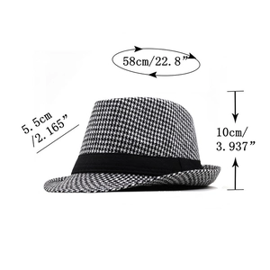 Classic houndstooth wool fedora hat with size chart: 58cm circumference and 5.5cm brim