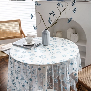 Round white mesh tablecloth with blue snowflake embroidery for Christmas photography