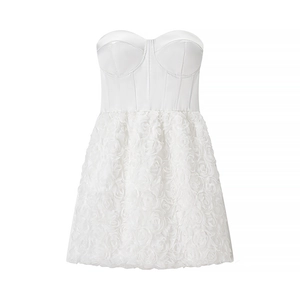 White strapless A-line dress featuring high-quality 3D rose textured fabric and satin bodice