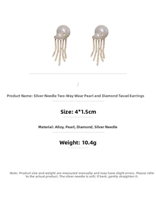 Detail of silver needle pearl tassel earrings with crystal rhinestones and two-way wear design