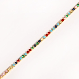 Detailed view of single row claw-set bracelet with multi-colored round cubic zirconia