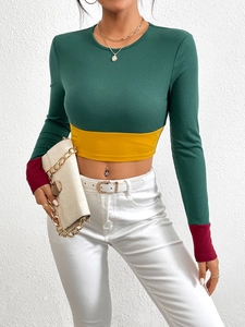 Color Block Geripptes Strick Crop Top Slim Fit Langarm Rundhals Viskose Polyester Mischung Casual Mode Pullover Damen