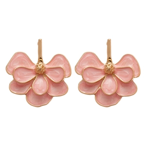Elegant double-layered pink ginkgo flower earrings with gold accents on white background