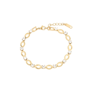 Exquisite gold stainless steel bracelet with oval hollow links and sparkling zircon stones