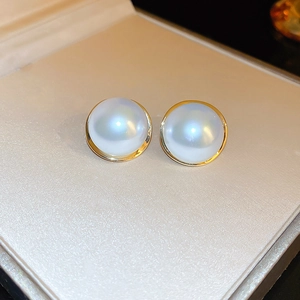 French vintage round faux pearl stud earrings with elegant gold-tone metal frame