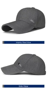 Detail of dark grey sport baseball cap showing side S SPORT FASHION embroidery and long brim