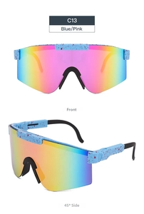 Close-up of C13 sports sunglasses with blue frames and rainbow mirrored lenses