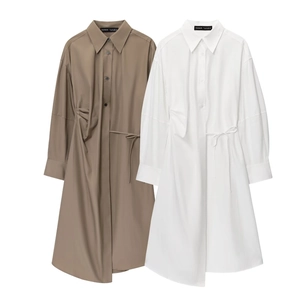 Asymmetric cotton shirt dress with side drawstring detail in khaki and white