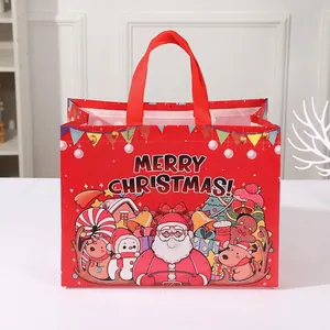 Red Christmas non-woven gift bag with Santa and Snowman prints for holiday shopping